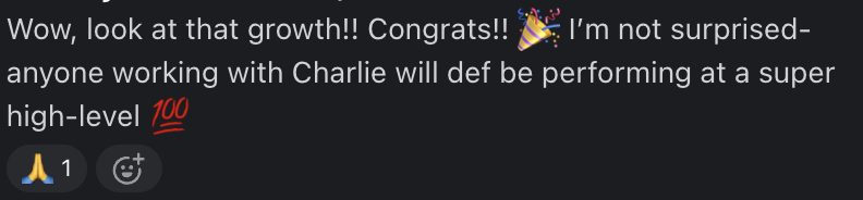 Testimonial from Lyndsay: look at that growth, congrats, anyone working with Charlie will def be performing at a super high level.